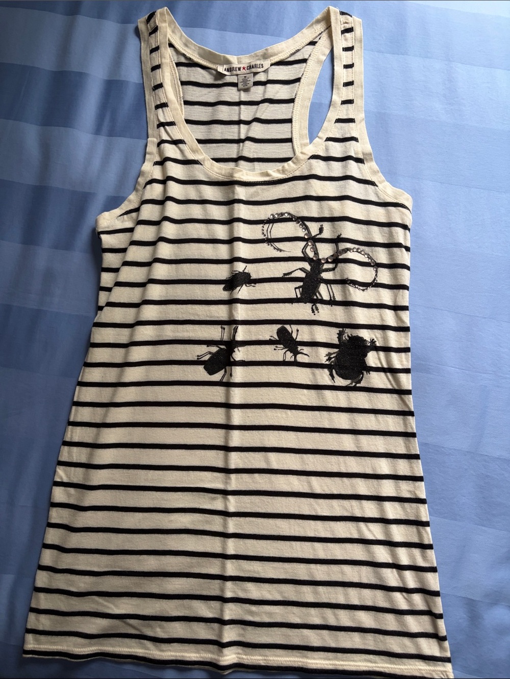 Andrew Charles Black and White Striped Tank with Bug Motif Women’s Medium